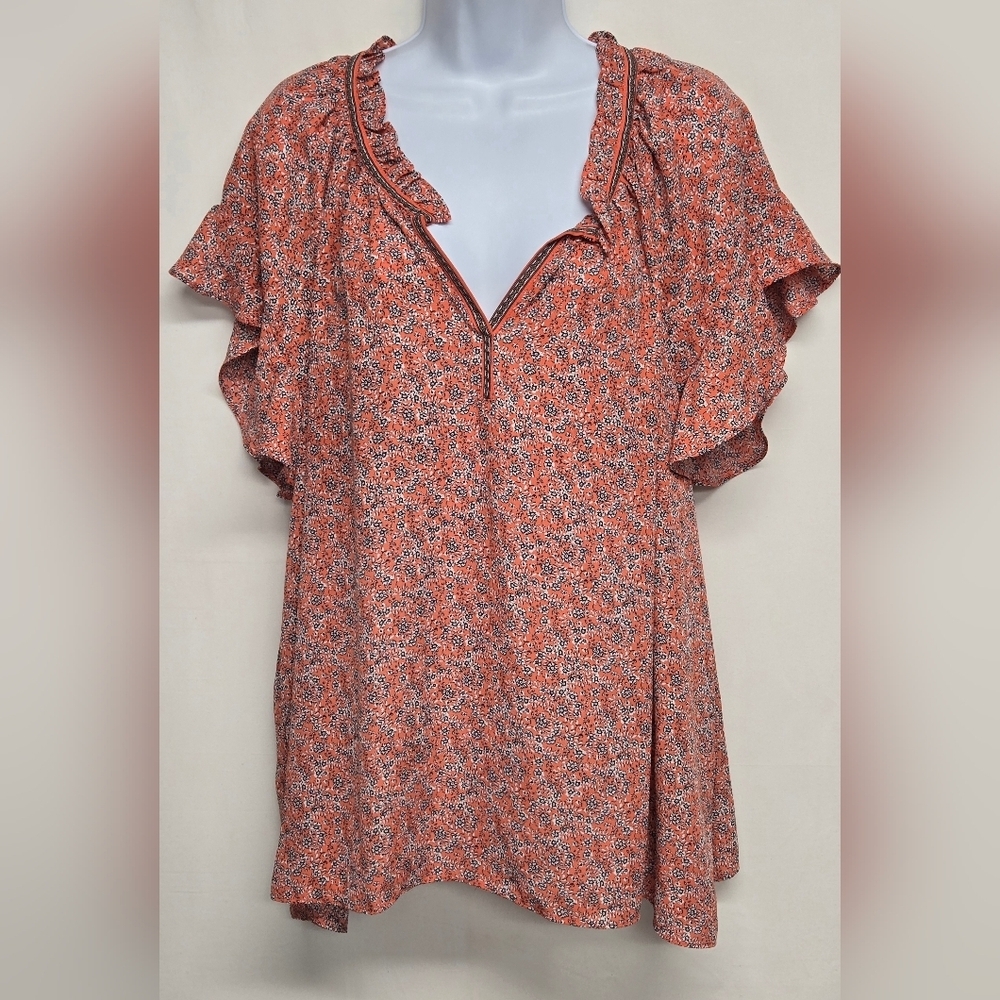 Max Studio 2X Top Lightweight V Neck Ruffled Trim & Sleeve Orange Floral Flowy - Picture 2 of 7
